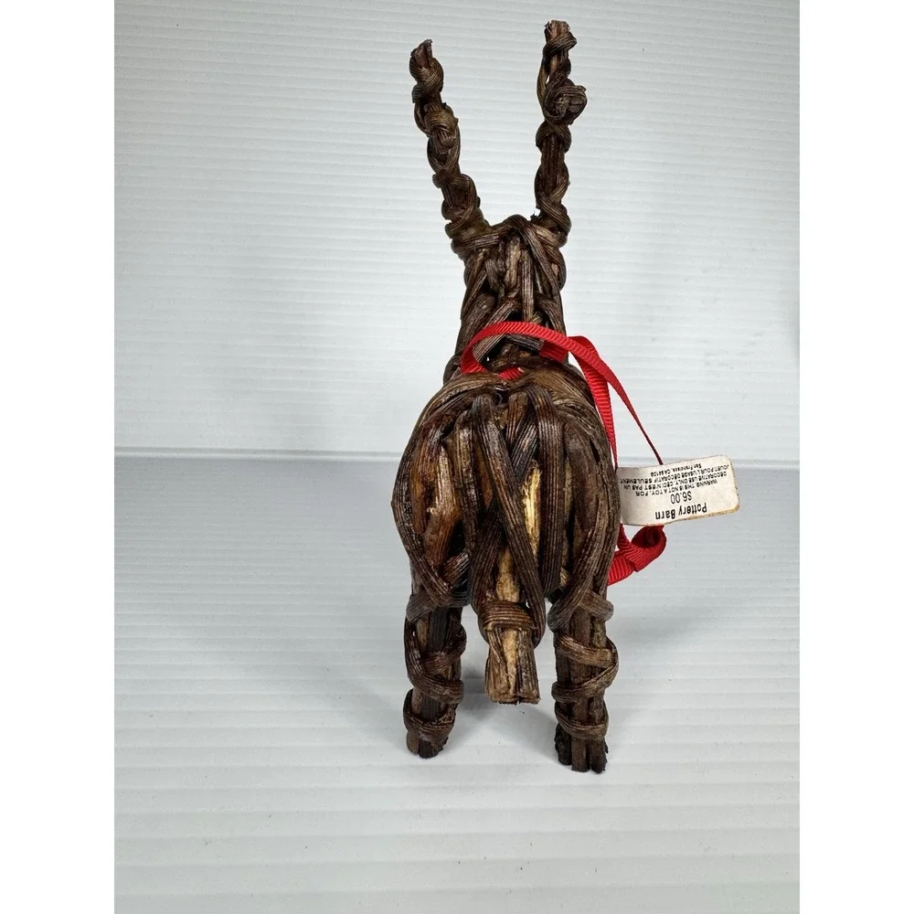 Pottery Barn NWT Reindeer Christmas Ornaments Deer Pair Wood Wicker Ribbon 7